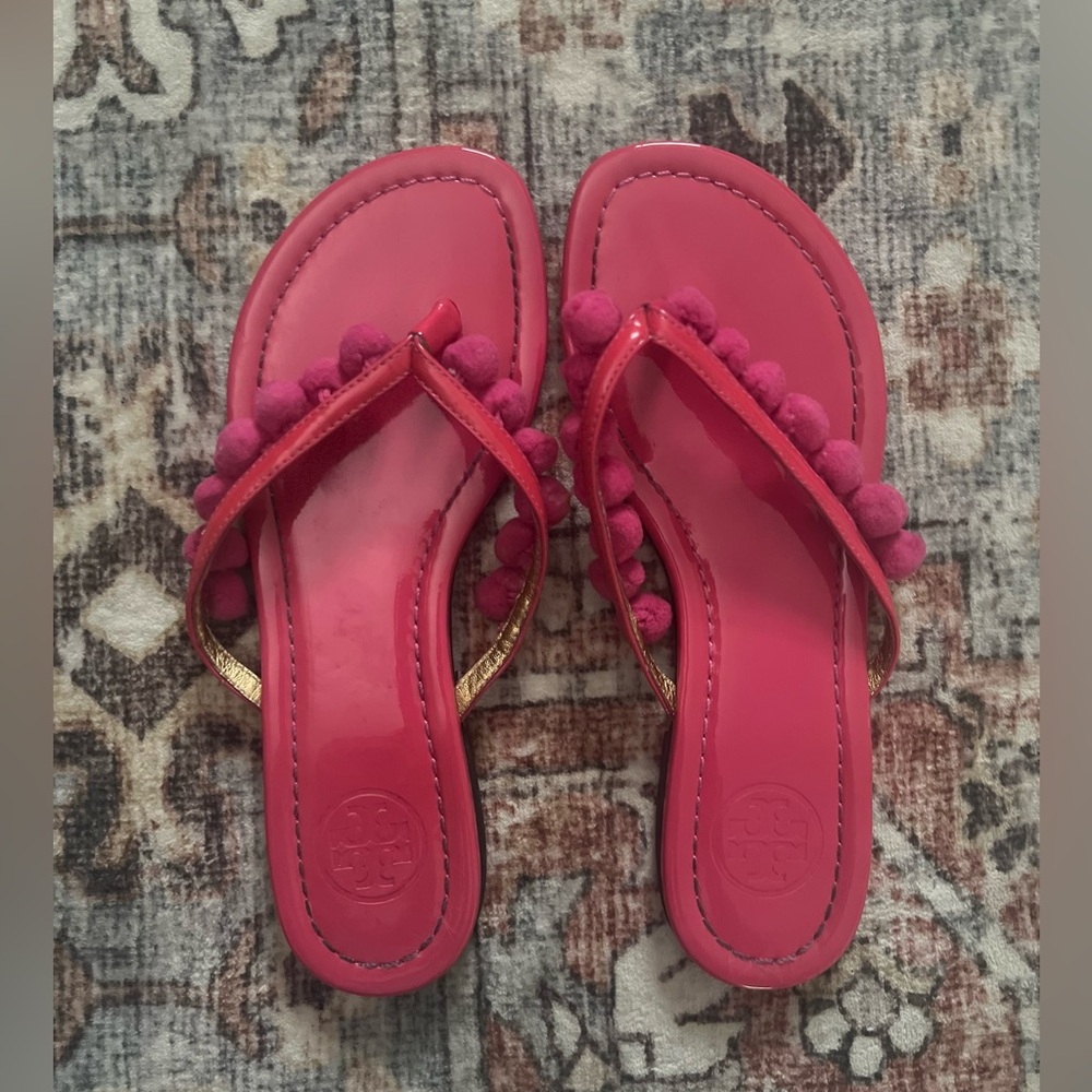 Tory Burch Pom Pom Sandals Flip Flops Barbie Pink Size 5